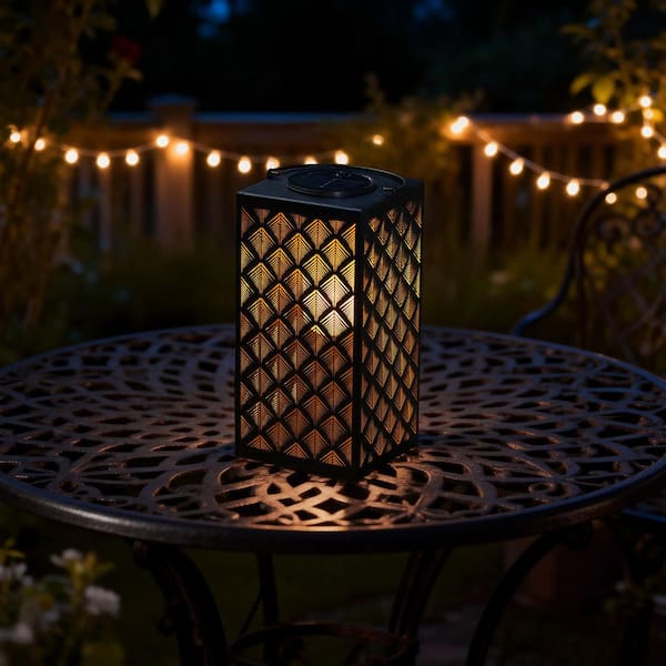 11 in. H Black Square Textured Glass Pattern Solar Powered Hanging Lantern with LED Light