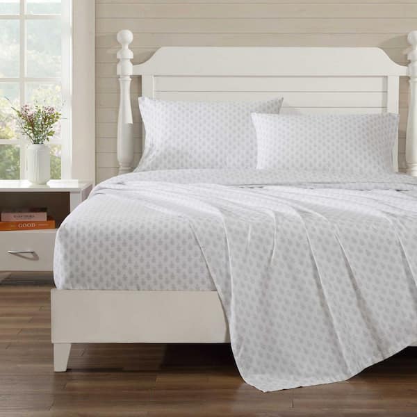 Laura Ashley Francesca Floral 4-Piece Grey/White Percale Cotton Full Sheet Set