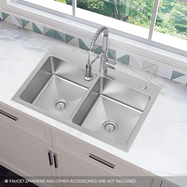 Dolancourt Tight Radius 33 in. Drop In / Under Mount Double Bowl 18 Gauge Stainless Steel Kitchen Sink
