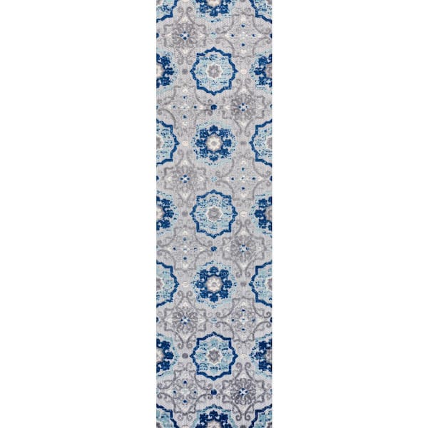 Mediterranean Medallion Blue/Gray Indoor/Outdoor 2 ft. x 8 ft. Runner Rug