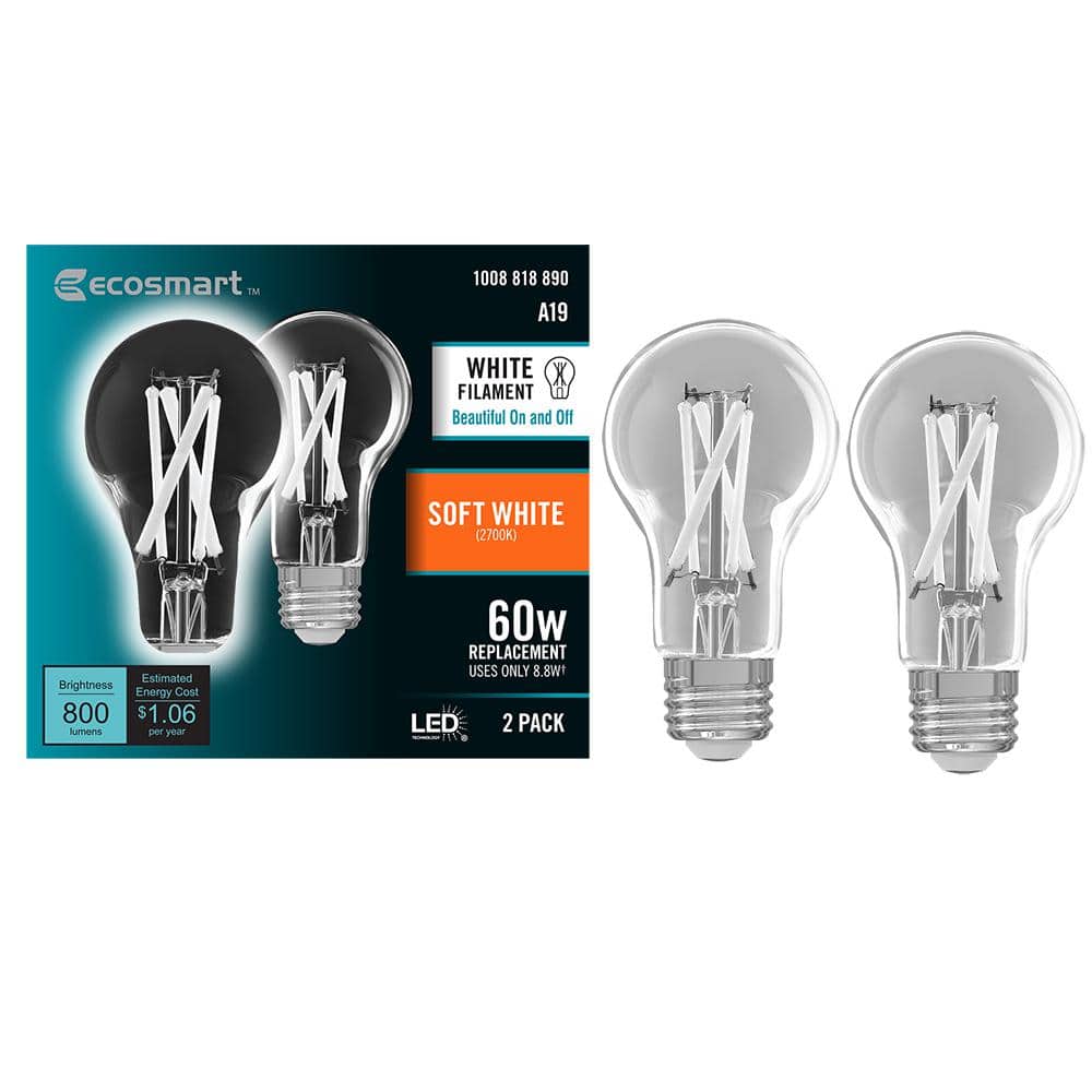 EcoSmart 60-Watt Equivalent A19 Dimmable White Filament CEC Clear Glass E26 Medium Base LED Light Bulb, Soft White 2700K (2-Pack) -  A1960927CWFECP2