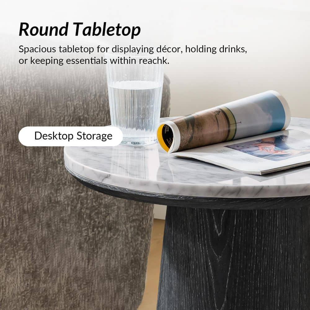 Delphine 19.75 in. Oak Round Marble End Table with Oak Veneer - thumbnail 6