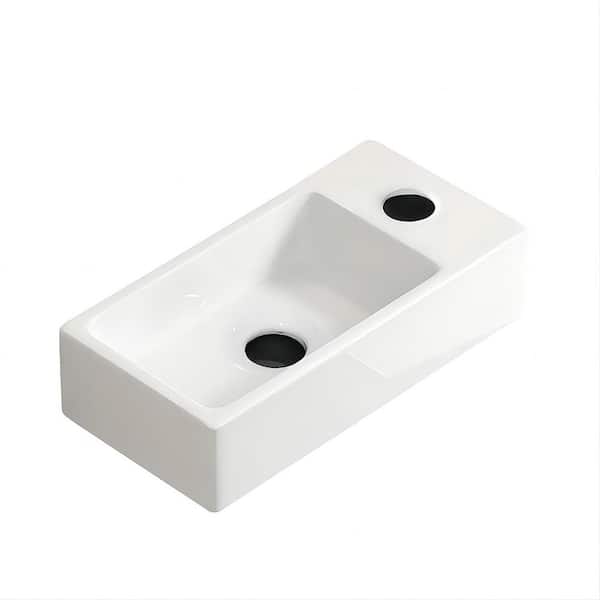 14.17 in. Wall-Mounted Small Rectangular Ceramic Bathroom Sink in Milk White