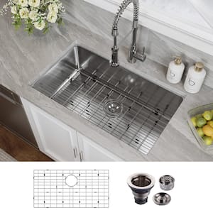 32 in. 16-Gauge Undermount Single Bowl Stainless Steel Kitchen Sink with Bottom Grid, Basket Strainer, Cutout Template