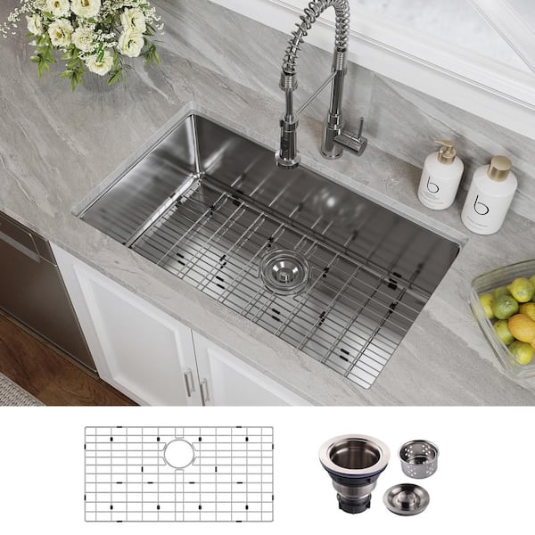 HOROW 32 in. 16-Gauge Undermount Single Bowl Stainless Steel Kitchen Sink with Bottom Grid, Basket Strainer, Cutout Template