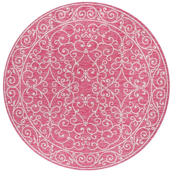 Charleston Vintage Filigree Textured Weave Fuchsia/Light Gray 5 ft. Round Indoor/Outdoor Area Rug