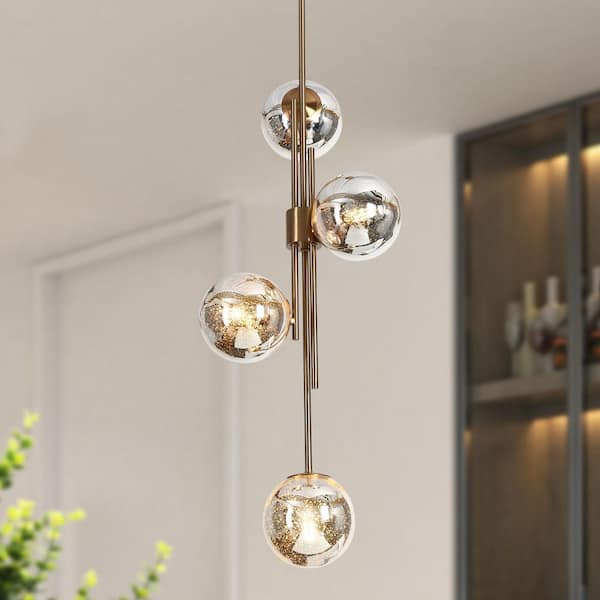LNC 4-Light Plating Brass Linear Island Chandelier Modern/Contemporary Orb Mercury Glass Pendant Lights for Foyer Kitchen