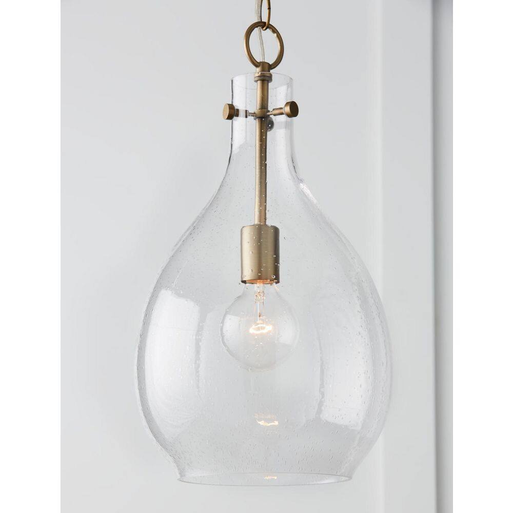 Aged Brass Teardrop Pendant Light with Seeded Glass Shade