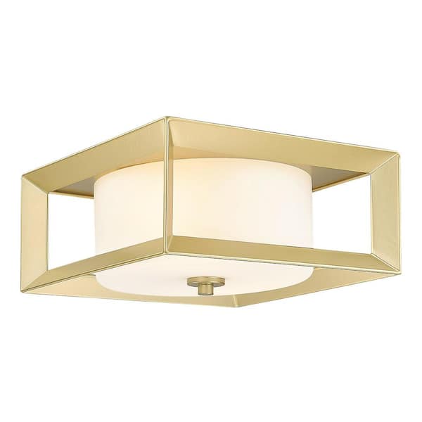 JAZAVA 11.4 in. 2-Light Gold Finish Modern Flush Mount with Frosted Glass Shade and No Bulbs Included 1-Pack