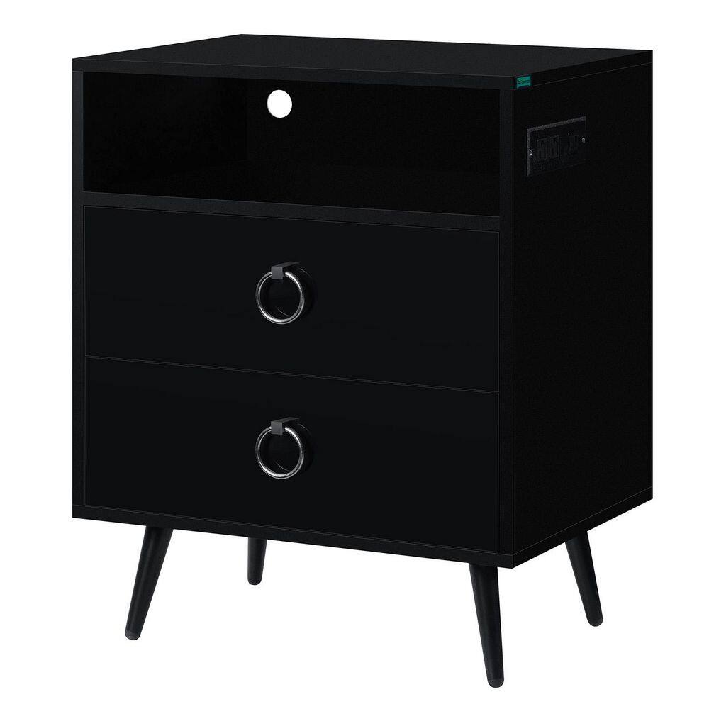 Hommpa 2-Drawer Black Nightstand 27.2 in. H x 21.7 in. W x 15.7 in. D LED  with 1 Open Shelf/2 USB Charging Ports/2 USB Plugs SKUJ31841 - The Home 