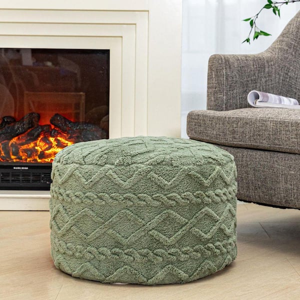 Suede Sage Green Plush Fiber Upholstered Round Foam Pouf Ottoman
