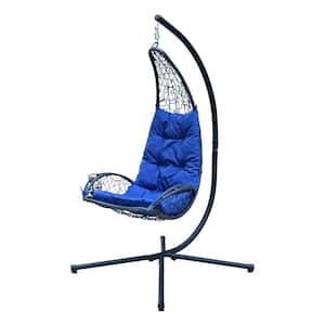 6.5 ft. Tall Cushioned Rattan Wicker Hanging Hammock Chair with Stand - Blue