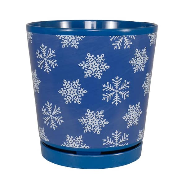 MPG 8.75 in. Dia. Blue and White Snowflake Pattern Melamine Pot with In-Line Saucer