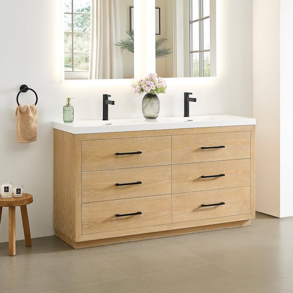 Sigrid 60 in. Double Freestanding White Oak Bath Vanity with White Artificial Stone Top Assembled