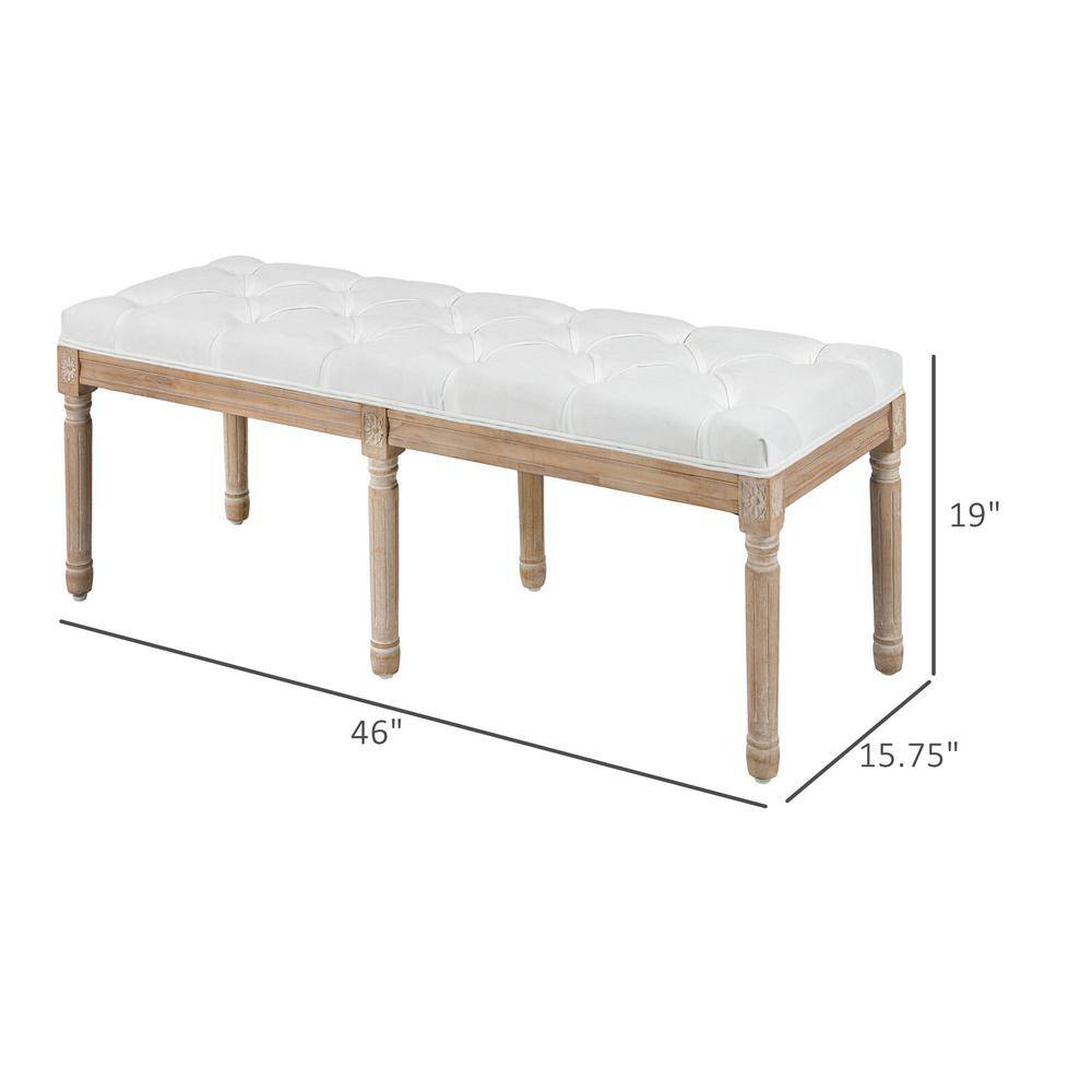 Cream Linen Upholstered Tufted Bedroom Bench with Wood Legs
