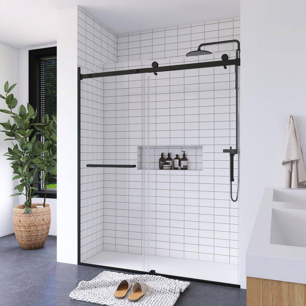 Matte Black Semi-Frameless Sliding Shower Door with Tempered Glass