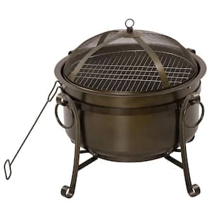 30 in. Outdoor Fire Pit, Round Wood Burning Patio Firepit with Cooking BBQ Grill, Spark Screen, Poker