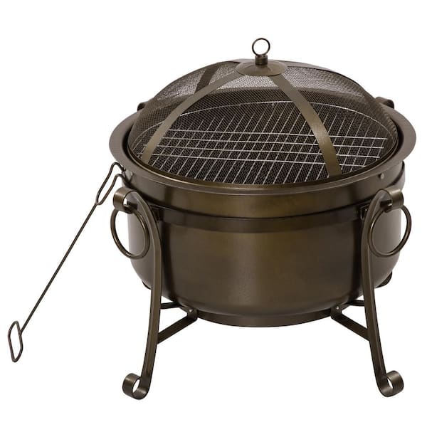 Outsunny 30 in. Outdoor Fire Pit, Round Wood Burning Patio Firepit with Cooking BBQ Grill, Spark Screen, Poker