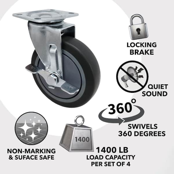 5 in. Gray Rubber Like TPR and Steel Swivel Plate Caster with Locking Brake and 350 lb. Load Rating