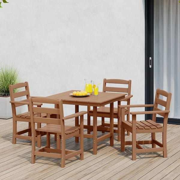 Shoreside 5-Piece All Weather HDPE Plastic Outdoor Patio Dining Set w/ Armchairs, Teak