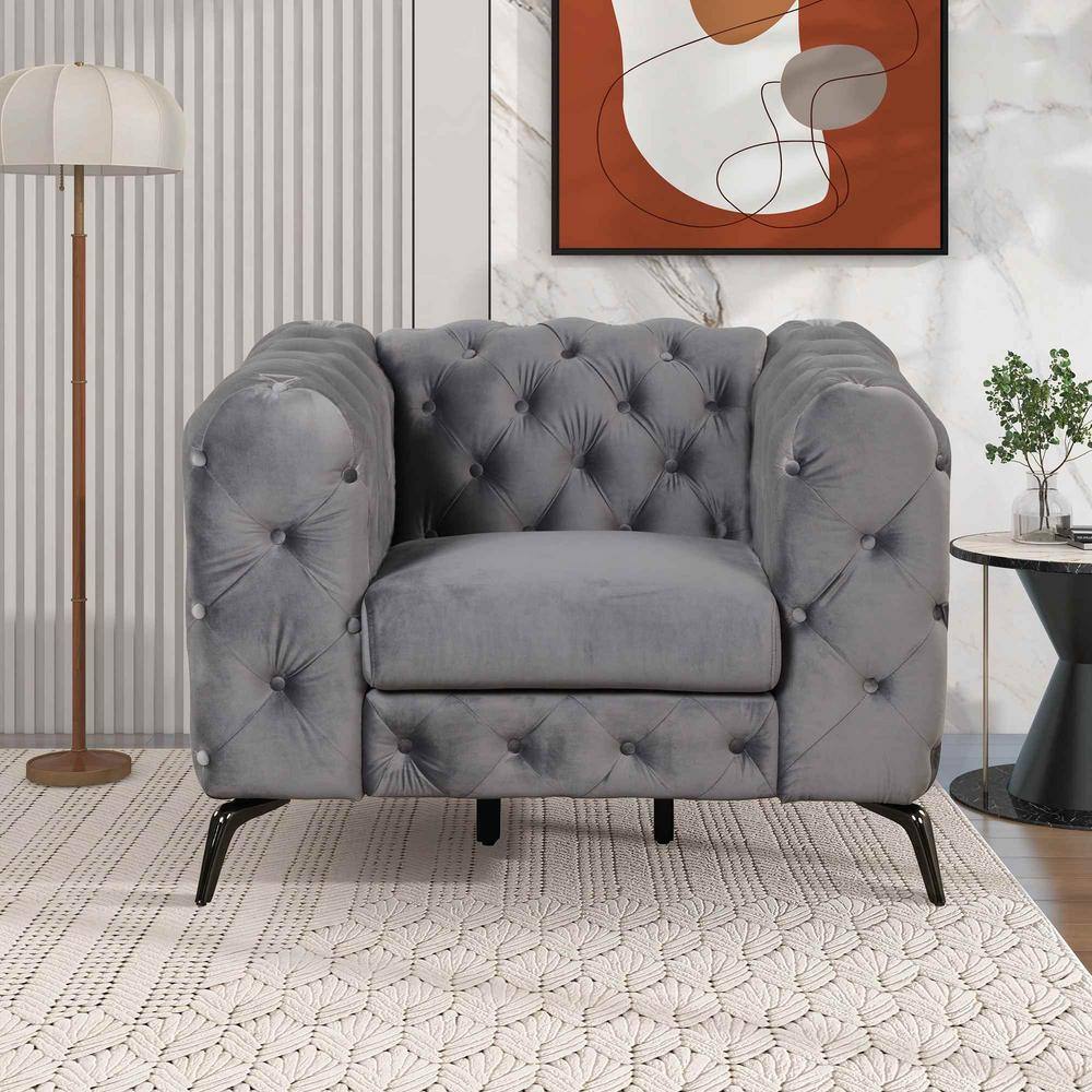 40.5 in. Square Arm Velvet Rectangle Sofa with Button Tufted Back in Gray