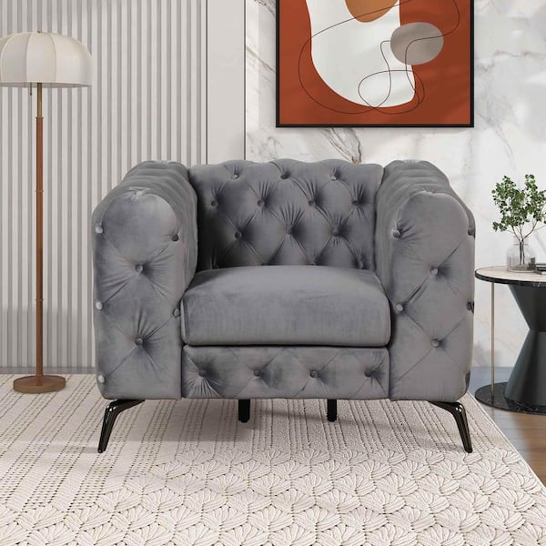 40.5 in. Square Arm Velvet Rectangle Sofa with Button Tufted Back in Gray