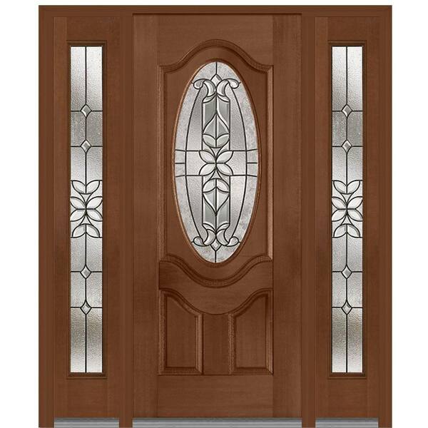 MMI Door 60 in. x 80 in. Cadence Left-Hand Oval Lite Decorative Stained Fiberglass Mahogany Prehung Front Door with Sidelites