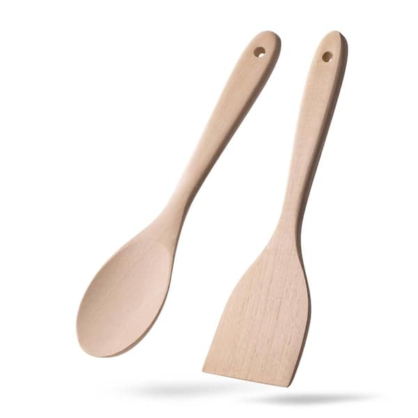 2-Piece 12 in. Beech Wood Spatula and Spoon Set, Uncoated Non-Scratch Turner for Nonstick Pan and Wok Cooking