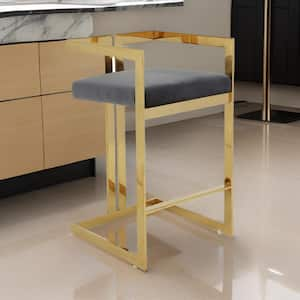 29.5 in. Gray and Gold Low Back Metal Frame Bar Stool with Velvet Seat