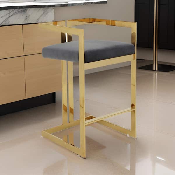 Benjara 29.5 in. Gray and Gold Low Back Metal Frame Bar Stool with Velvet Seat