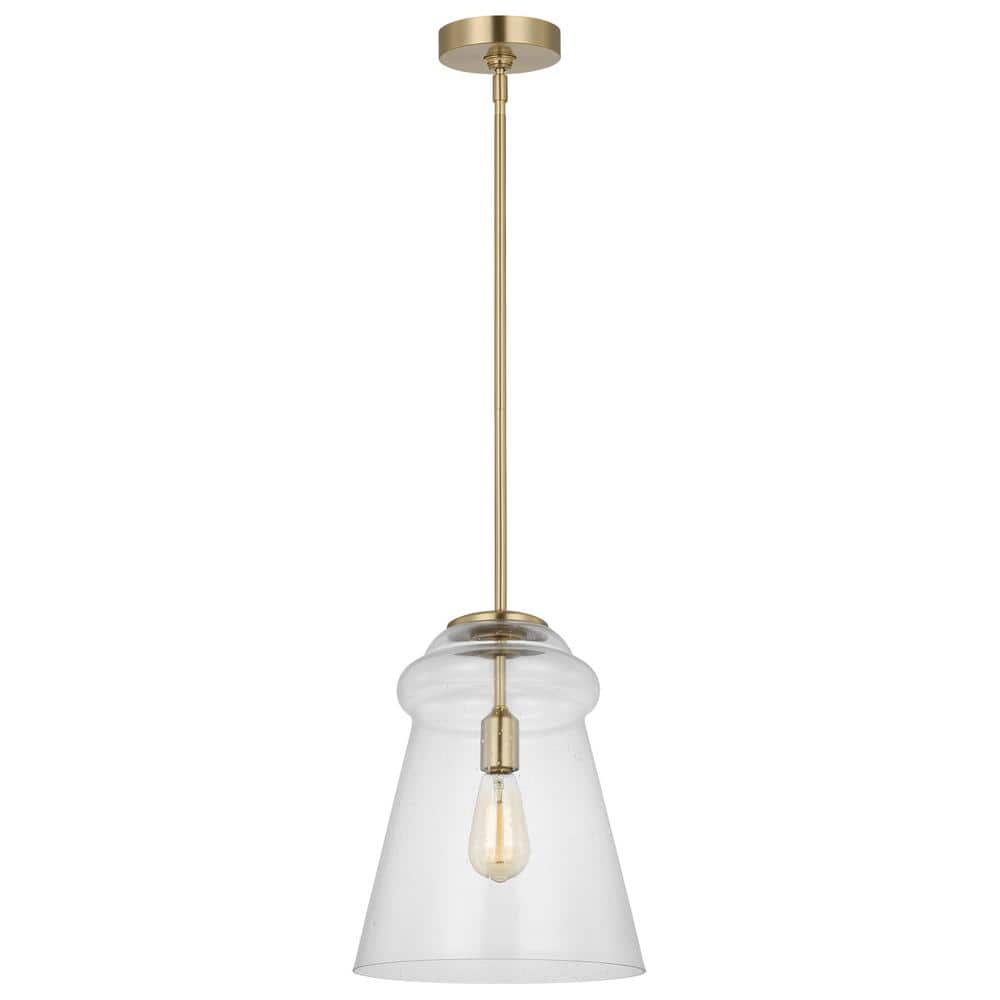 Loras 11.5 in. 1-Light Satin Brass Pendant Light with a Clear Seeded Glass Shade price history on PriceWatchPro