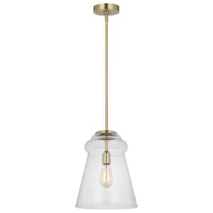 Loras 11.5 in. 1-Light Satin Brass Pendant Light with a Clear Seeded Glass Shade