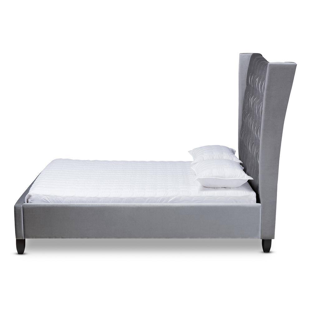 Grey Velvet Queen Bed with Tall Tufted Wingback Headboard