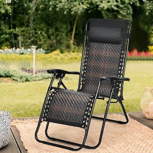 Black Folding Recliner Zero Gravity Wicker Outdoor Lounge Chair with Headrest in Mix Brown