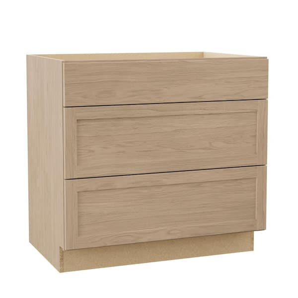 Hampton Bay Sinclair 36 in. W x 24 in. D x 34.5 in. H Assembled 3-Drawer Base Cabinet in Shaker Light Oak