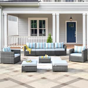 Tahiti Gray 9-Piece Wicker Outdoor Patio Conversation Seating Set with a Coffee Table and Gray Sunbrella Cushions