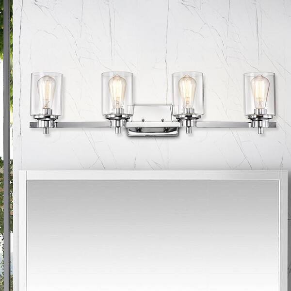 Jushua 33 In. 4-Light Chrome Contemporary Bathroom Vanity Light with Glass