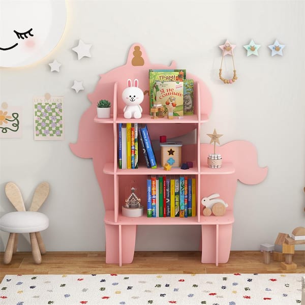 Costway 48.5 in. W Pink 3-Shelves Unicorn Bookcase for Kids