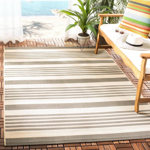 Courtyard Gray/Bone 9 ft. x 12 ft. Striped Indoor/Outdoor Patio  Area Rug