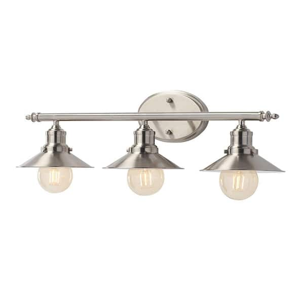 Home Decorators Collection Glenhurst 25 in. 3-Light Industrial Farmhouse Brushed Nickel Bathroom Vanity Light Fixture with Metal Shades