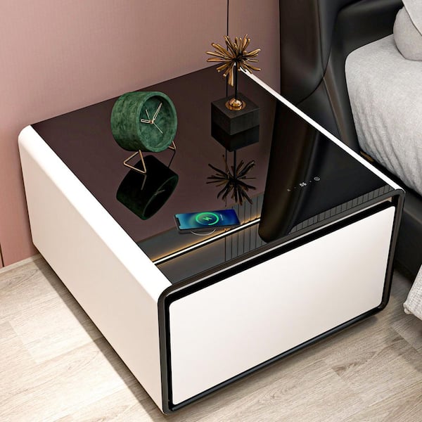 White Plastic Smart Side Table Coffee Table with Built-In Fridge