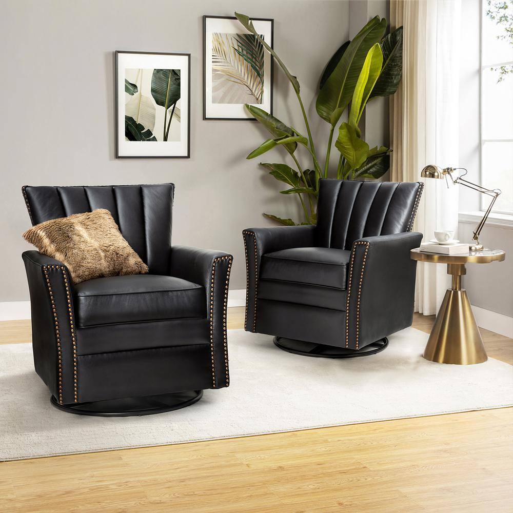 JAYDEN CREATION Adela Black Genuine Leather Swivel Rocking Chair with