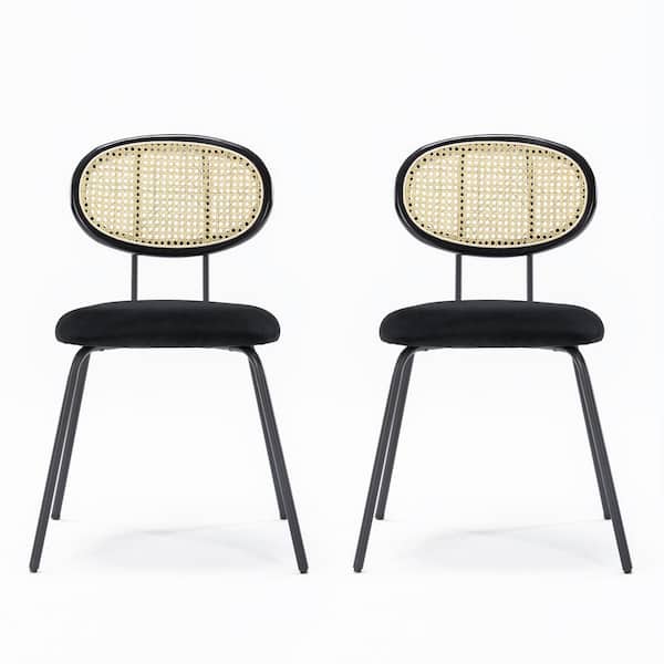 LUE BONA 31.89 in. Black Rattan Rectangular Velvet Dining Chairs with Metal Legs (Set of 2)