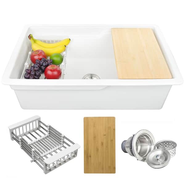 White Fireclay 32 in. Single Bowl Undermount Workstation Kitchen Sink with Basket Strainer