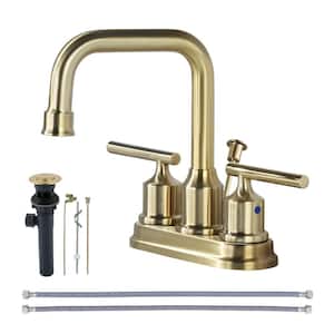 4 in. Centerset Double Handle High Arc Bathroom Faucet with Drain Kit in Gold