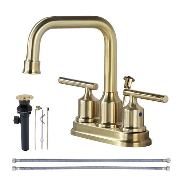 IVIGA 4 in. Centerset Double Handle High Arc Bathroom Faucet with Swivel Spout, Lift Rod Drain and Supply Lines in Gold