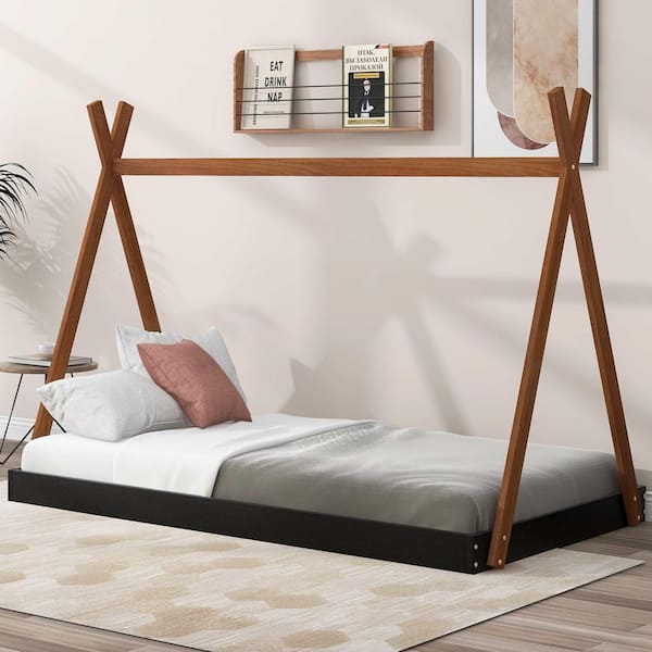 Black/Brown Wood Frame Twin Size Platform Bed with Triangle Structure