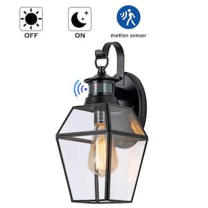 1-Light Black Metal and Brass Motion Sensing Dusk to Dawn Outdoor Wall Lantern Sconce with Clear Tempered Glass Panes