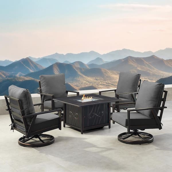 Oakland Living Black 6-Piece Aluminum Patio Fire Pit with 4-Club Chairs Black Cushions