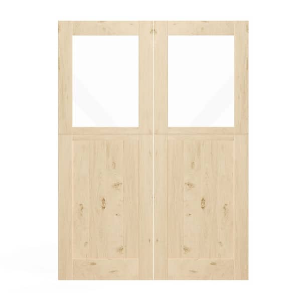TENONER 56 in. x 80 in. 1/2 Lite, Primed Interior Dutch Door, Half Clear Glass Split Door Slab with Natural Pine Wood Color